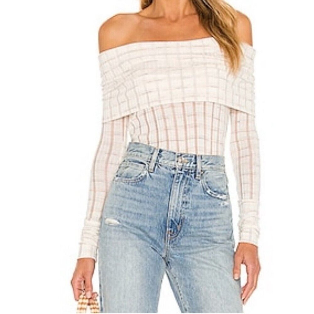FREE PEOPLE Snowbunny Striped Off the Shoulder Metallic Long Sleeve Top L NWT